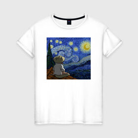 Женская футболка хлопок с принтом Винсент Вангог в Петрозаводске, 100% хлопок | прямой крой, круглый вырез горловины, длина до линии бедер, слегка спущенное плечо | арт | винсент вангог | дождь | ночь | романтика | художник