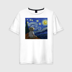 Женская футболка хлопок Oversize с принтом Винсент Вангог в Петрозаводске, 100% хлопок | свободный крой, круглый ворот, спущенный рукав, длина до линии бедер
 | Тематика изображения на принте: арт | винсент вангог | дождь | ночь | романтика | художник