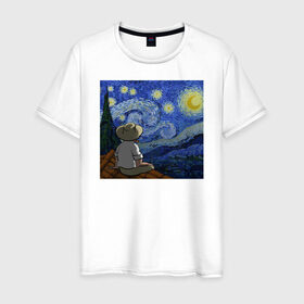 Мужская футболка хлопок с принтом Винсент Вангог в Петрозаводске, 100% хлопок | прямой крой, круглый вырез горловины, длина до линии бедер, слегка спущенное плечо. | арт | винсент вангог | дождь | ночь | романтика | художник