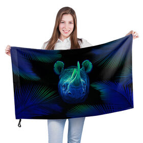 Флаг 3D с принтом Носорог в Петрозаводске, 100% полиэстер | плотность ткани — 95 г/м2, размер — 67 х 109 см. Принт наносится с одной стороны | horn nose | rhinoceros | двурогий | неон | носорог | носорожка | рогатый