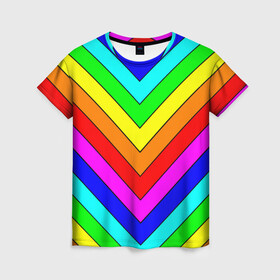 Женская футболка 3D с принтом Rainbow Stripes в Петрозаводске, 100% полиэфир ( синтетическое хлопкоподобное полотно) | прямой крой, круглый вырез горловины, длина до линии бедер | geometry | gradient | neon | геометрические | градиент | детям | кислота | кислотный | конус | красочный | линии | неоновые | пирамида | полоска | полосы | радуга | радужный | разноцветные | сочный | треугольники