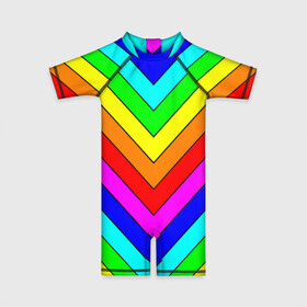 Детский купальный костюм 3D с принтом Rainbow Stripes в Петрозаводске, Полиэстер 85%, Спандекс 15% | застежка на молнии на спине | Тематика изображения на принте: geometry | gradient | neon | геометрические | градиент | детям | кислота | кислотный | конус | красочный | линии | неоновые | пирамида | полоска | полосы | радуга | радужный | разноцветные | сочный | треугольники