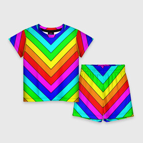 Детский костюм с шортами 3D с принтом Rainbow Stripes в Петрозаводске,  |  | geometry | gradient | neon | геометрические | градиент | детям | кислота | кислотный | конус | красочный | линии | неоновые | пирамида | полоска | полосы | радуга | радужный | разноцветные | сочный | треугольники