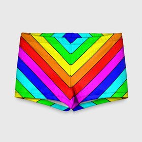 Детские купальные плавки 3D с принтом Rainbow Stripes в Петрозаводске, Полиэстер 85%, Спандекс 15% | Слитный крой, подклад по переду изделия, узкие бретели | Тематика изображения на принте: geometry | gradient | neon | геометрические | градиент | детям | кислота | кислотный | конус | красочный | линии | неоновые | пирамида | полоска | полосы | радуга | радужный | разноцветные | сочный | треугольники