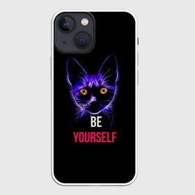 Чехол для iPhone 13 mini с принтом Кот в Петрозаводске,  |  | be yourself | cat | будь собой | кот | котик | кошечка | питомец | чёрный кот
