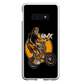 Чехол для Samsung S10E с принтом BMX в Петрозаводске, Силикон | Область печати: задняя сторона чехла, без боковых панелей | bicycle | bmx | skull | sport | x games | велик | велосипед | велоспорт | скелет | череп | экстремальный спорт