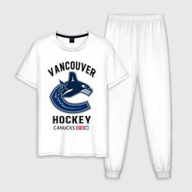 Мужская пижама хлопок с принтом VANCOUVER CANUCKS NHL в Петрозаводске, 100% хлопок | брюки и футболка прямого кроя, без карманов, на брюках мягкая резинка на поясе и по низу штанин
 | Тематика изображения на принте: canada | canucks | hockey | nhl | sport | usa | vancouver | акула | ванкувер | канада | кэнакс | логотип | нхл | спорт | хоккей | челюсти