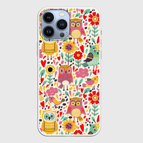 Чехол для iPhone 13 Pro Max с принтом Красочные совы и цветы в Петрозаводске,  |  | autumn | cute | flowers | spring | summer | весна | воробей | лепестки | лето | маки | милота | милые | облака | облачка | осень | поле | природа | птичка | птички | ромашки | сердечки | синица | синичка | сова | совушки