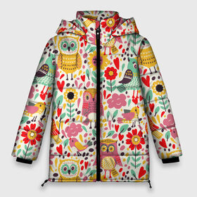 Женская зимняя куртка 3D с принтом Красочные совы и цветы в Петрозаводске, верх — 100% полиэстер; подкладка — 100% полиэстер; утеплитель — 100% полиэстер | длина ниже бедра, силуэт Оверсайз. Есть воротник-стойка, отстегивающийся капюшон и ветрозащитная планка. 

Боковые карманы с листочкой на кнопках и внутренний карман на молнии | autumn | cute | flowers | spring | summer | весна | воробей | лепестки | лето | маки | милота | милые | облака | облачка | осень | поле | природа | птичка | птички | ромашки | сердечки | синица | синичка | сова | совушки