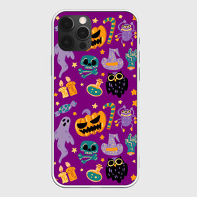 Чехол для iPhone 12 Pro Max с принтом Happy Halloween в Петрозаводске, Силикон |  | Тематика изображения на принте: bones | candle | candy | fangs | flask | ghost | hand | hat | jaw | owl | pumpkin | skull | star | звезда | клыки | колба | конфета | кости | пасть | призрак | рука | свеча | сова | череп | шляпа