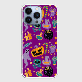 Чехол для iPhone 13 Pro с принтом Happy Halloween в Петрозаводске,  |  | bones | candle | candy | fangs | flask | ghost | hand | hat | jaw | owl | pumpkin | skull | star | звезда | клыки | колба | конфета | кости | пасть | призрак | рука | свеча | сова | череп | шляпа