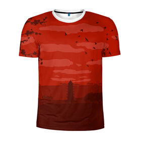 Мужская футболка 3D спортивная с принтом Сакура в Петрозаводске, 100% полиэстер с улучшенными характеристиками | приталенный силуэт, круглая горловина, широкие плечи, сужается к линии бедра | Тематика изображения на принте: арт | башня | китайская башня | сакура | туристическое