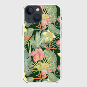 Чехол для iPhone 13 mini с принтом Тропические растения и цветы в Петрозаводске,  |  | банан | желтый | зеленый | красный | листья | орхидея | пальма | плюмерия | стрелиция | тропики | цветы | экзотика