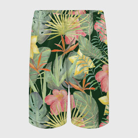 Детские спортивные шорты 3D с принтом Тропические растения и цветы в Петрозаводске,  100% полиэстер
 | пояс оформлен широкой мягкой резинкой, ткань тянется
 | банан | желтый | зеленый | красный | листья | орхидея | пальма | плюмерия | стрелиция | тропики | цветы | экзотика
