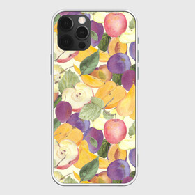 Чехол для iPhone 12 Pro Max с принтом Фрукты. Фруктовый сад в Петрозаводске, Силикон |  | груша | желтый | лист | плод | половина | сад | слива | сочный | спелый | урожай | фиолетовый | фрукты | целое | яблоко