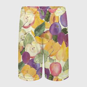 Детские спортивные шорты 3D с принтом Фрукты Фруктовый сад в Петрозаводске,  100% полиэстер
 | пояс оформлен широкой мягкой резинкой, ткань тянется
 | груша | желтый | лист | плод | половина | сад | слива | сочный | спелый | урожай | фиолетовый | фрукты | целое | яблоко
