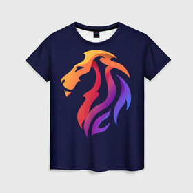 Женская футболка 3D с принтом Градиентный лев в минимализме в Петрозаводске, 100% полиэфир ( синтетическое хлопкоподобное полотно) | прямой крой, круглый вырез горловины, длина до линии бедер | вектор | градиент | лев | логотип | минимализм | разноцветный | цветной