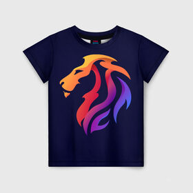 Детская футболка 3D с принтом Градиентный лев в минимализме в Петрозаводске, 100% гипоаллергенный полиэфир | прямой крой, круглый вырез горловины, длина до линии бедер, чуть спущенное плечо, ткань немного тянется | вектор | градиент | лев | логотип | минимализм | разноцветный | цветной