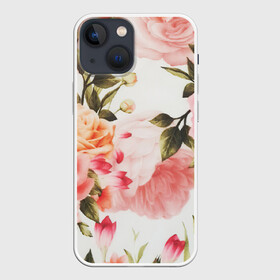 Чехол для iPhone 13 mini с принтом Нежный букет в Петрозаводске,  |  | арт | белый | букет | букет роз | желтый | зеленый | крем | кремовый | нежно | рисунок | роза | розовая розы | розовые розы | розовый | розы