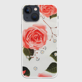 Чехол для iPhone 13 mini с принтом Нежные розы в Петрозаводске,  |  | арт | белый | зеленый | красная роза | красные розы | красный | рисунок | роза | розовая роза | розовые розы | розовый | розы | цветок | цветы