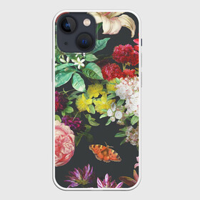 Чехол для iPhone 13 mini с принтом Цветы в Петрозаводске,  |  | арт | бабочка | бабочки | белая лилия | белый | желтый | зеленый | картина | краски | красный | лилии | лилия | рисунок | рисунок красками | роза | розовая роза | розовый | розы | тёмный | фиолетовый