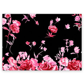 Поздравительная открытка с принтом Яркие розы в Петрозаводске, 100% бумага | плотность бумаги 280 г/м2, матовая, на обратной стороне линовка и место для марки
 | арт | рисунок | роза | розовая роза | розовые розы | розовый | розы | тёмный | цветы | чёрный