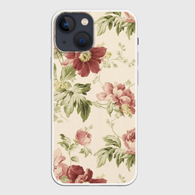 Чехол для iPhone 13 mini с принтом Цветы в Петрозаводске,  |  | арт | зеленый | краски | красный | кремовый | ретро | рисунок | розовый | цветок | цветы