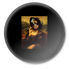 Значок с принтом jaKondA в Петрозаводске,  металл | круглая форма, металлическая застежка в виде булавки | Тематика изображения на принте: jakonda | mona lisa | smoking | woman | девушка | джаконда | мона лиза