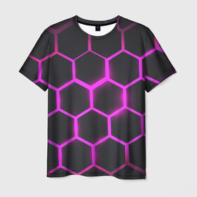 Мужская футболка 3D с принтом соты в Петрозаводске, 100% полиэфир | прямой крой, круглый вырез горловины, длина до линии бедер | Тематика изображения на принте: абстракция | геометрия | неоновые соты | соты | шестиугольник