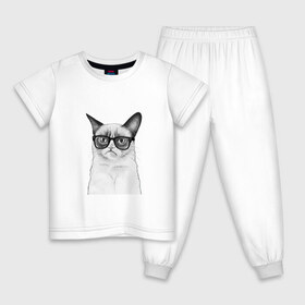 Детская пижама хлопок с принтом Кот хипстер в Петрозаводске, 100% хлопок |  брюки и футболка прямого кроя, без карманов, на брюках мягкая резинка на поясе и по низу штанин
 | Тематика изображения на принте: grumpy cat | арт | кот | кошка | очки | рисунок | хипстер | черный | чёрный белый