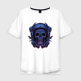 Мужская футболка хлопок Oversize с принтом Череп Байкера в Петрозаводске, 100% хлопок | свободный крой, круглый ворот, “спинка” длиннее передней части | bike | biker | blue | forcer | gang | gangster | harley | helmet | horror | motorcycle | piston | scary | skeleton | skull | skulls | wrench | байк | банда | бандит | гаечный | ключ | мото | поршень | поршни | синий | скелет | страшный | ужас | 