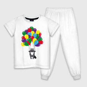 Детская пижама хлопок с принтом Енот с шариками в Петрозаводске, 100% хлопок |  брюки и футболка прямого кроя, без карманов, на брюках мягкая резинка на поясе и по низу штанин
 | воздушные шарики | енот | мультяшный | разноцветный