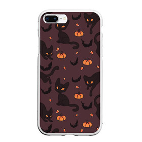 Чехол для iPhone 7Plus/8 Plus матовый с принтом Хэллоуиновский кот в Петрозаводске, Силикон | Область печати: задняя сторона чехла, без боковых панелей | арт | конфеты | кот | котёнок | кошка | оранжевый | рисунок | тёмный | тыква | тыквы | фиолетовый | хеллоуин | хэллоуин | чёрный