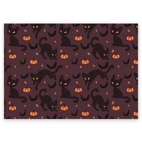 Поздравительная открытка с принтом Хэллоуиновский кот в Петрозаводске, 100% бумага | плотность бумаги 280 г/м2, матовая, на обратной стороне линовка и место для марки
 | арт | конфеты | кот | котёнок | кошка | оранжевый | рисунок | тёмный | тыква | тыквы | фиолетовый | хеллоуин | хэллоуин | чёрный