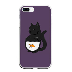 Чехол для iPhone 7Plus/8 Plus матовый с принтом Довольный кот в Петрозаводске, Силикон | Область печати: задняя сторона чехла, без боковых панелей | Тематика изображения на принте: аквариум | арт | вода | золотая рыбка | кот | котёнок | кошка | рисунок | рыба | рыбка | фиолетовый | чёрная кошка | черный кот | чёрный котёнок