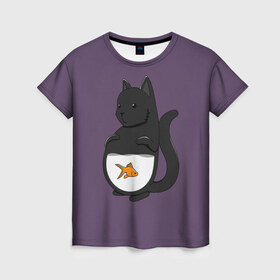 Женская футболка 3D с принтом Довольный кот в Петрозаводске, 100% полиэфир ( синтетическое хлопкоподобное полотно) | прямой крой, круглый вырез горловины, длина до линии бедер | аквариум | арт | вода | золотая рыбка | кот | котёнок | кошка | рисунок | рыба | рыбка | фиолетовый | чёрная кошка | черный кот | чёрный котёнок