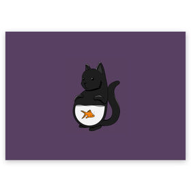 Поздравительная открытка с принтом Довольный кот в Петрозаводске, 100% бумага | плотность бумаги 280 г/м2, матовая, на обратной стороне линовка и место для марки
 | Тематика изображения на принте: аквариум | арт | вода | золотая рыбка | кот | котёнок | кошка | рисунок | рыба | рыбка | фиолетовый | чёрная кошка | черный кот | чёрный котёнок