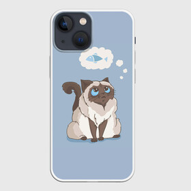 Чехол для iPhone 13 mini с принтом Голодный котейка в Петрозаводске,  |  | арт | бирманская кошка | бирманский кот | бирманский котёнок | голодный | кот | котёнок | кошка | мечтательный | мысли | рисунок | рыба | рыбка