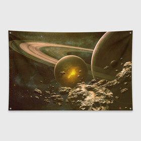 Флаг-баннер с принтом Saturn в Петрозаводске, 100% полиэстер | размер 67 х 109 см, плотность ткани — 95 г/м2; по краям флага есть четыре люверса для крепления | cosmos | meteorite | saturn | space | космос | метеорит | пространство | сатурн