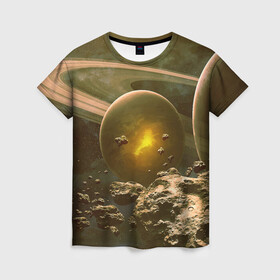 Женская футболка 3D с принтом Saturn в Петрозаводске, 100% полиэфир ( синтетическое хлопкоподобное полотно) | прямой крой, круглый вырез горловины, длина до линии бедер | cosmos | meteorite | saturn | space | космос | метеорит | пространство | сатурн