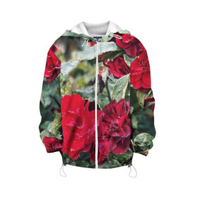 Детская куртка 3D с принтом Red Roses в Петрозаводске, 100% полиэстер | застежка — молния, подол и капюшон оформлены резинкой с фиксаторами, по бокам — два кармана без застежек, один потайной карман на груди, плотность верхнего слоя — 90 г/м2; плотность флисового подклада — 260 г/м2 | bush | floral | flower | garden | green | nature | red roses | бутоны | красная роза | куст | листья | природа | роза | сад | цветение | цветок | цветы
