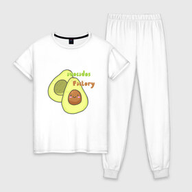 Женская пижама хлопок с принтом avocados factory в Петрозаводске, 100% хлопок | брюки и футболка прямого кроя, без карманов, на брюках мягкая резинка на поясе и по низу штанин | avocados factory | авокадик | авокадо | авокадо с косточкой | авокадчик | милые авокадо