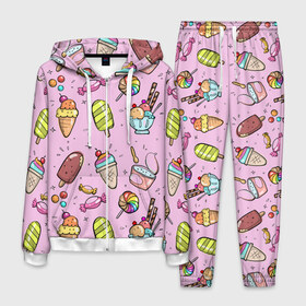 Мужской костюм 3D с принтом Сладкоежка в Петрозаводске, 100% полиэстер | Манжеты и пояс оформлены тканевой резинкой, двухслойный капюшон со шнурком для регулировки, карманы спереди | вафельный стаканчик | дарже | десерты | закуски | конфеты | леденец | мороженное | пломбир | сладкое | сладкоежка | снеки | шоколадки