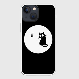 Чехол для iPhone 13 mini с принтом Ночная охота в Петрозаводске,  |  | арт | кот | котёнок | кошка | луна | ночь | рисунок | рыба | рыбалка | черная кошка | черный кот | чёрный котёнок