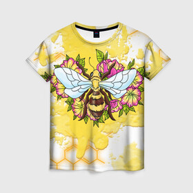 Женская футболка 3D с принтом Пчела в Петрозаводске, 100% полиэфир ( синтетическое хлопкоподобное полотно) | прямой крой, круглый вырез горловины, длина до линии бедер | крылья | мёд | оса | пчела | пчёлы | соты | цветы