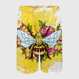 Детские спортивные шорты 3D с принтом Пчела в Петрозаводске,  100% полиэстер
 | пояс оформлен широкой мягкой резинкой, ткань тянется
 | Тематика изображения на принте: крылья | мёд | оса | пчела | пчёлы | соты | цветы