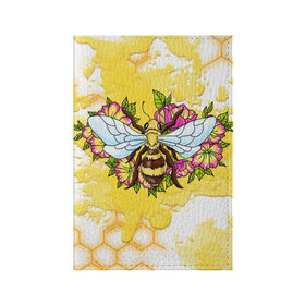Обложка для паспорта матовая кожа с принтом Пчела в Петрозаводске, натуральная матовая кожа | размер 19,3 х 13,7 см; прозрачные пластиковые крепления | Тематика изображения на принте: крылья | мёд | оса | пчела | пчёлы | соты | цветы