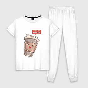 Женская пижама хлопок с принтом 8 бит Латте в Петрозаводске, 100% хлопок | брюки и футболка прямого кроя, без карманов, на брюках мягкая резинка на поясе и по низу штанин | 8 bit | 8bit | 8бит | art | coffee | cup | cute | kawaii | mug | pixel | pixelart | problem | арт | восьмибитная | восьмибитные | кавайный | капучино | кофе | кофеек | милота | милый | пиксели | пиксель | пиксельная | проблема | стакан