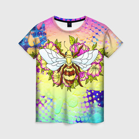 Женская футболка 3D с принтом Пчела и цветы в Петрозаводске, 100% полиэфир ( синтетическое хлопкоподобное полотно) | прямой крой, круглый вырез горловины, длина до линии бедер | космос | пчела | пчёлка | пчёлы | туманность | цветы