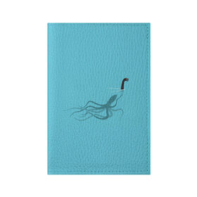 Обложка для паспорта матовая кожа с принтом Тайна Лох-несского чудовища в Петрозаводске, натуральная матовая кожа | размер 19,3 х 13,7 см; прозрачные пластиковые крепления | арт | море | осьминог | рисунок | синий | шутка
